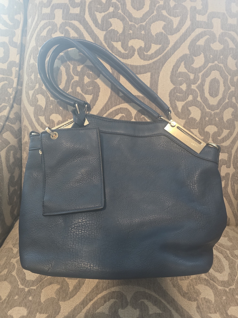 Black Rivet Navy Blue Pebbled Leather Shoulder Bag with Detachable Pouch